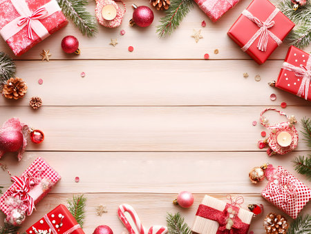 Christmas decorations and gift boxes on wooden background. Top view with copy spaceの素材