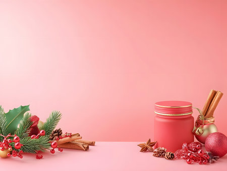 Christmas greeting card with jar of honey, cinnamon, star anise, holly and fir branches on pink backgroundの素材