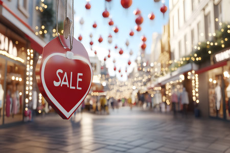 Red sale sign hanging on city street with bokeh lights. 3d renderingの素材