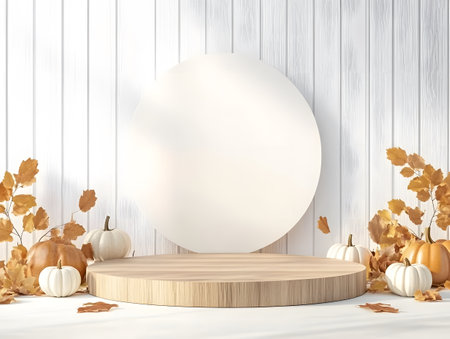 Podium with autumn leaves and pumpkins on wooden background. 3d renderの素材