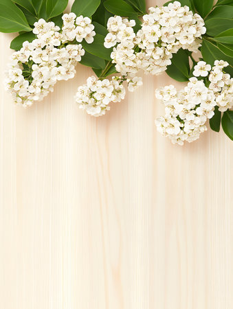 Wooden background with white flowers and green leaves. Top view.の素材