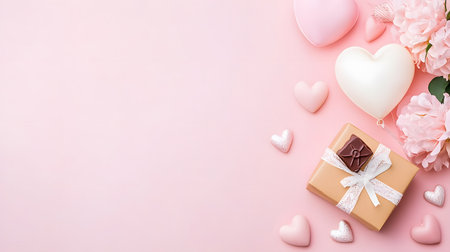 Valentine's day background with gift box, hearts and flowers on pinkの素材
