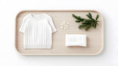 White sweaters on a wooden tray with Christmas decorations isolated on white backgroundの素材