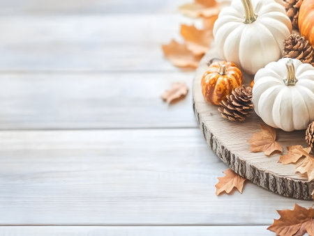 Autumn composition with pumpkins and leaves on white wooden background, copy spaceの素材