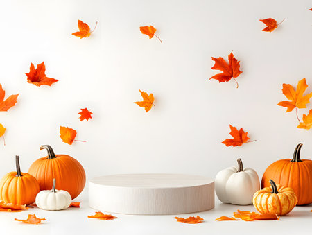 pumpkin and autumn leaves on white background, 3d renderの素材