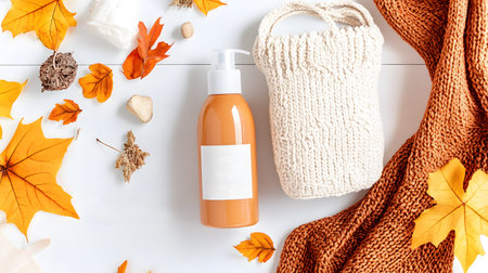 Flat lay composition with bottle of cosmetic products and autumn leaves on white backgroundの素材