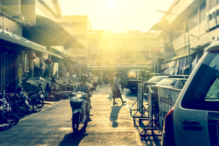 Thailand morning, fresh ingredients to cook and caterer sitting by the side of the road.のeditorial素材