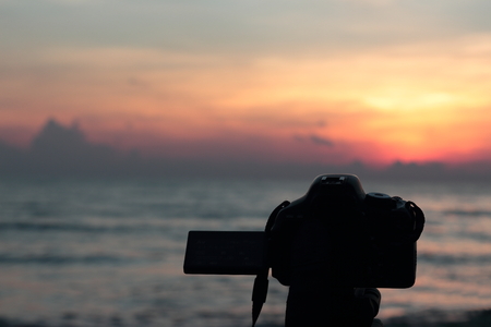 Sunrise beauty memo with a cameraの写真素材