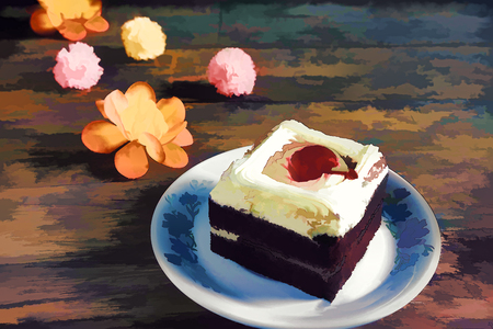 Cherry cake on a wood floor