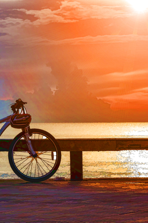 Bicycle illustration and Sunrise and sunsetの写真素材