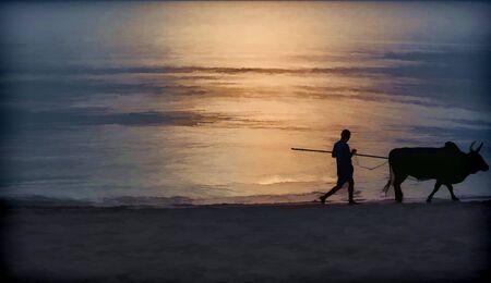 Illustration of a cowboy walking by the seaの写真素材