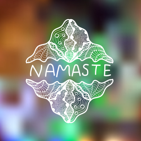 Hand drawn zentangle logo on blurred background. Namaste. Suitable for ethnic shops, yoga studios, travel agencies, ads, signboards, identity designsのイラスト素材