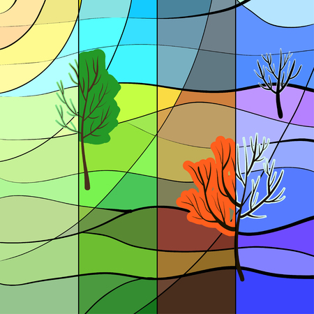 One landscape is in four seasons at the same time. Stained glass styleのイラスト素材