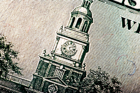 Macro photograph a close up, detail of 100 dollar bill