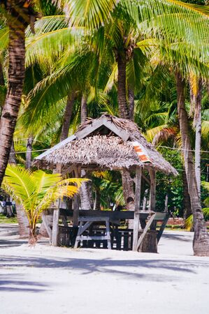 Landscape of paradise tropical island with palms, cottages and white sand beachの写真素材