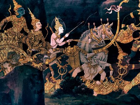 Scene from the Ramakien a Thai Ramayana, masterpiece of traditional mural painting at Wat Phra Kaew...