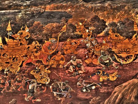 Scene from the Ramakien a Thai Ramayana, masterpiece of traditional mural painting at Wat Phra Kaew king pallace in Bangkok, Thailandの写真素材