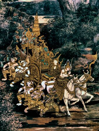 Scene from the Ramakien a Thai Ramayana, masterpiece of traditional mural painting at Wat Phra Kaew...