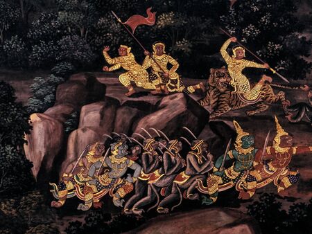 Scene from the Ramakien a Thai Ramayana, masterpiece of traditional mural painting at Wat Phra Kaew king pallace in Bangkok, Thailandの写真素材