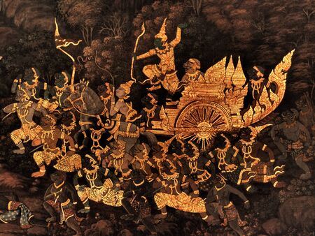 Scene from the Ramakien a Thai Ramayana, masterpiece of traditional mural painting at Wat Phra Kaew king pallace in Bangkok, Thailandの写真素材