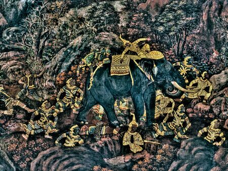 Scene from the Ramakien a Thai Ramayana, masterpiece of traditional mural painting at Wat Phra Kaew king pallace in Bangkok, Thailandの写真素材