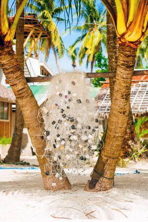 Hanging fishing nets between two palms on the white coral sand beachの写真素材