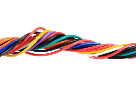 Multicolored wire cable of usb and adapter isolated on white background.Electronic...