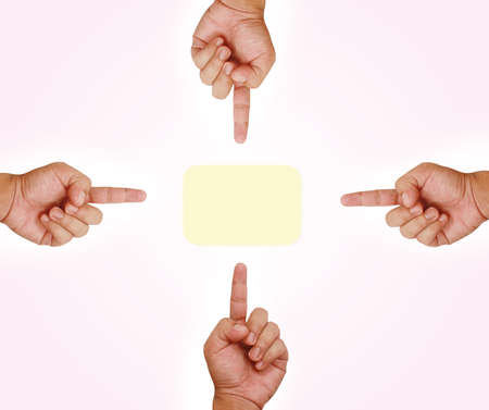 Four hands pointing on buttonの写真素材