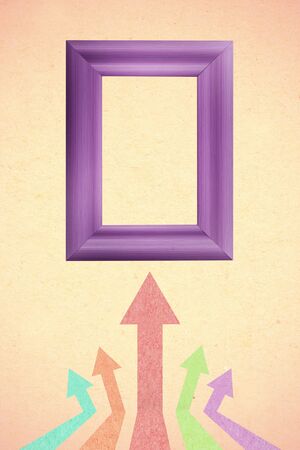 Arrow up created from textured paper style and violet wood photo frameの写真素材