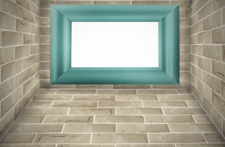 Blank wood frame on grunge wallの写真素材