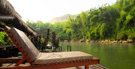 Wooden raft on the river in the morning.Thailand.の写真素材