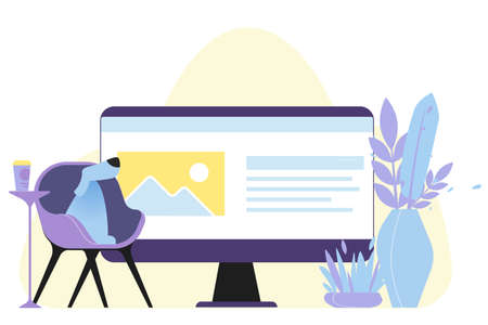 The dog is sitting in a chair and resting. Computer with internet. On the monitor a website with text and a picture. Online Violet mood. Contemplation.のイラスト素材