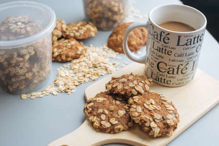 oatmeal cookies served with coffeeの写真素材