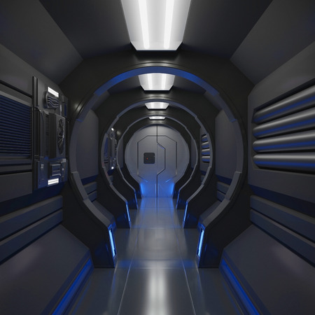 3D rendering elements of this image furnished ,Spaceship black interior with view,tunnel,corridor,blue lightの写真素材