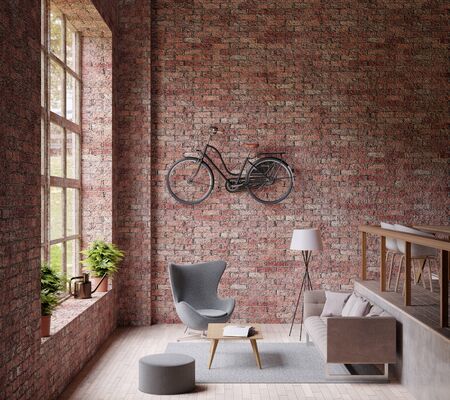 3D Rendering Industrail style living room ,big window ,lamp gray couch and chair, wooden floor, bicycle on the red brick wallの写真素材