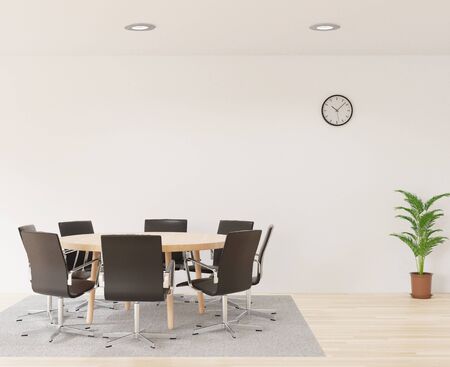 3D rendering meeting room with chairs , round wooden table, white room, carpet and little tree