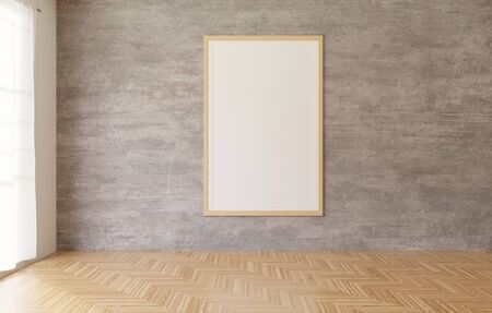 3d rendering White poster and frame hanging on the concrete wall background in the room, wooden...