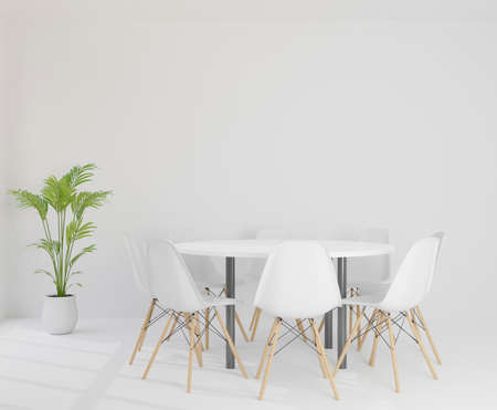 3D rendering meeting room with chairs , round plastic table, white room, and tree