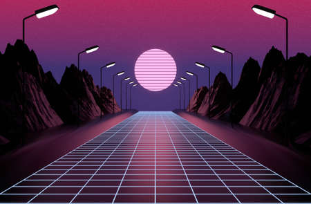 Neon 80s styled , vintage  retro game landscape , lights and mountains 3d renderingの写真素材