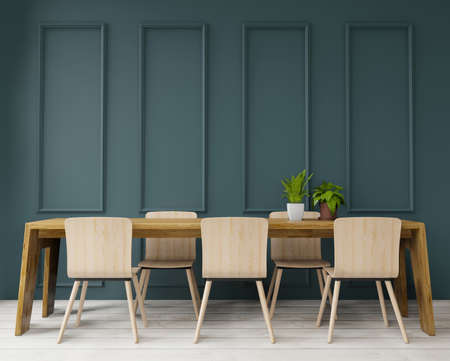 3d rendering Dinning table in big room.interior design, art deco style,green wall for mock up and...