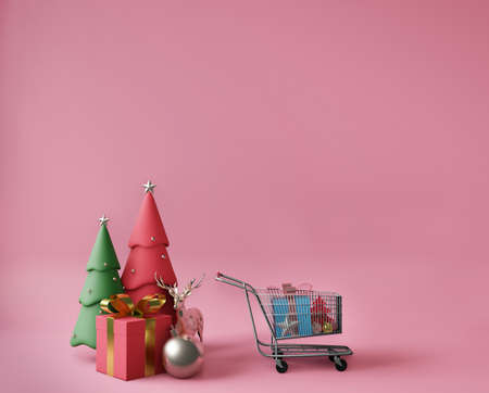 3D rendering little gift box and metallic golden bow-ribbon,pink background,balls, ,reindeer,christmas,shopping cart,shopping conceptの写真素材
