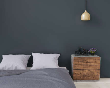 close up black and dark green modern bedroom with sideboard and lamp, mock up, copy space , 3d...