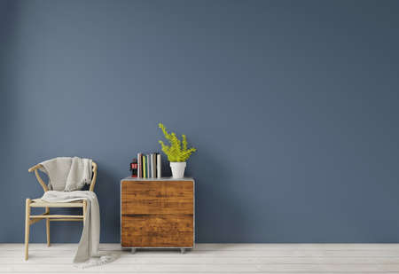 Interior with dark blue green wall wooden chair and wood side table sideboard empty wall for copy...