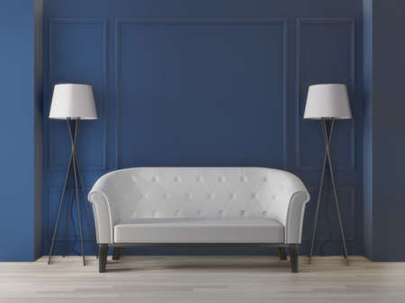 3d rendering big living room.interior design, art deco style, dark blue wall for mock up and copy...