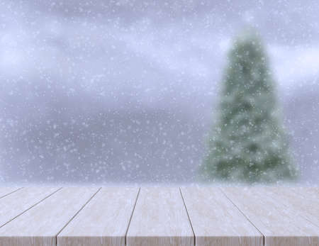 3D rendering  wooden floor and blur background for copy space ,christmas tree and snow on the...