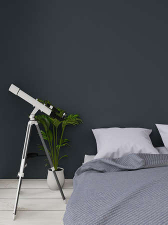 close up black and dark green modern bedroom with plant and telescope , mock up, copy space , 3d renderingの写真素材