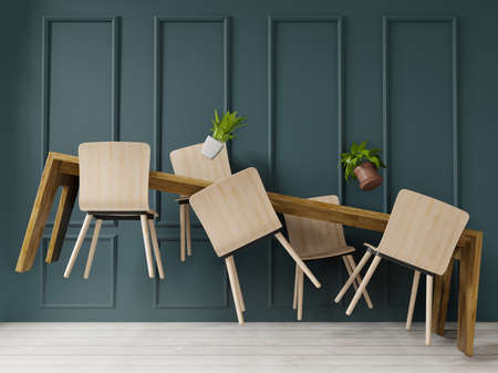 3d rendering levitation Dinning table in big room.interior design, art deco style,green wall for...