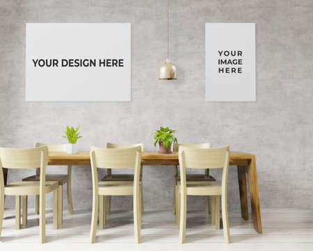 3d rendering of big dinning room with loft and industrail style , concrete wall for mock up and copy...