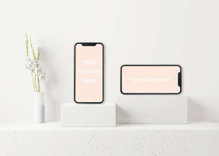 3d rendering of smart devices . All screen graphics for mockup.  smartphone, minimal scene