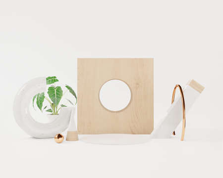 Abstract mock up frame, geometric shape podium background ,golden ring,wooden box,3d rendering.